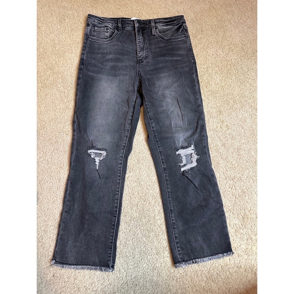 RFM Los Angeles Distressed Straight Leg Jeans Faded Black Ripped Knee Size 11/30